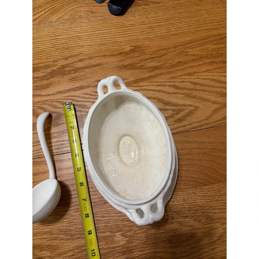 White Ceramic Soup Tureen Set wh Lid Ladle and Underplate Wheat Embossed Pattern